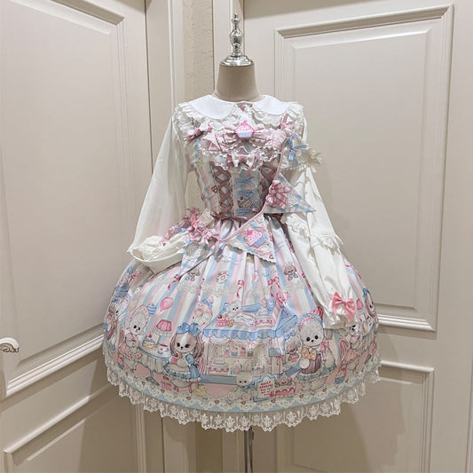 Hanguliang - Sweet Tea Party - Kawaii Lolita JSK Puppy Printed Dress with Sash