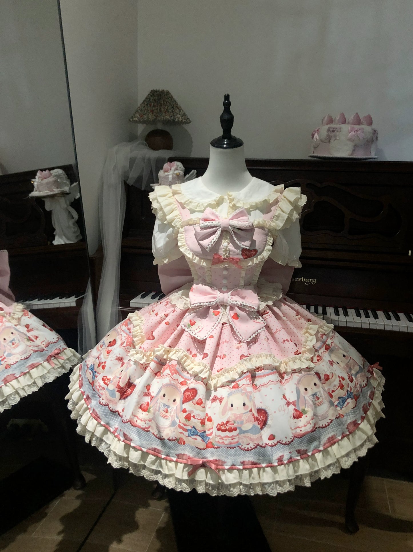 Sweet Dreamland - Bunny Party - Printed Sweet Lolita JSK, Bow Trailing