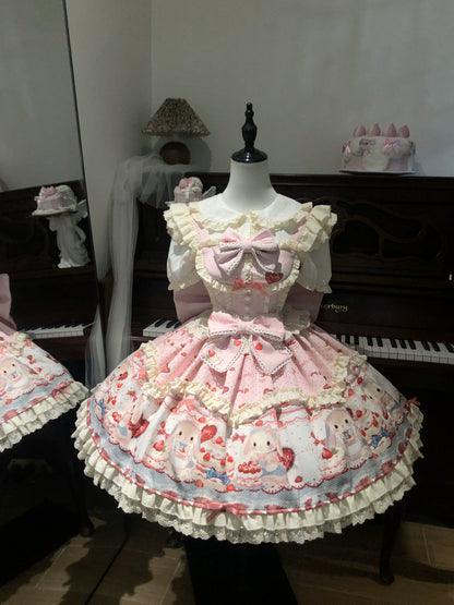 Sweet Dreamland - Bunny Party - Printed Sweet Lolita JSK, Bow Trailing