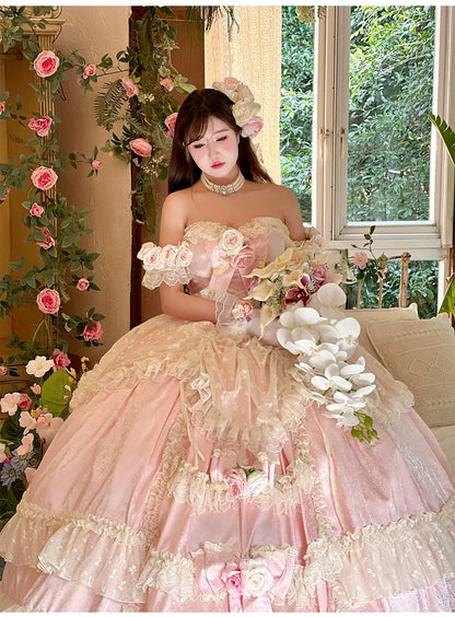 Diamond Honey - Love and Roses - Princess Bridal Wedding Lolita Dress With Rose Detail and Tiered Skirt