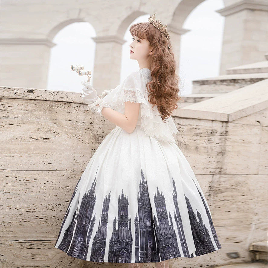 Cornfield Lolita - Silent Church - Gothic Lolita JSK Front Open Printed Dress and Thin Cardigan Set