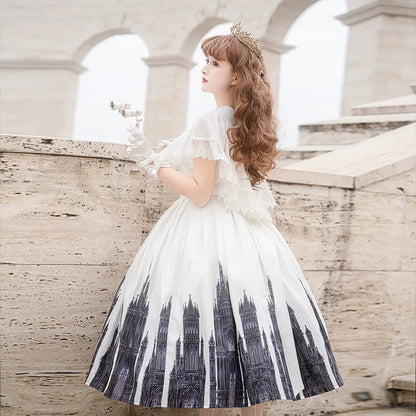 Cornfield Lolita - Silent Church - Gothic Lolita JSK Front Open Printed Dress and Thin Cardigan Set