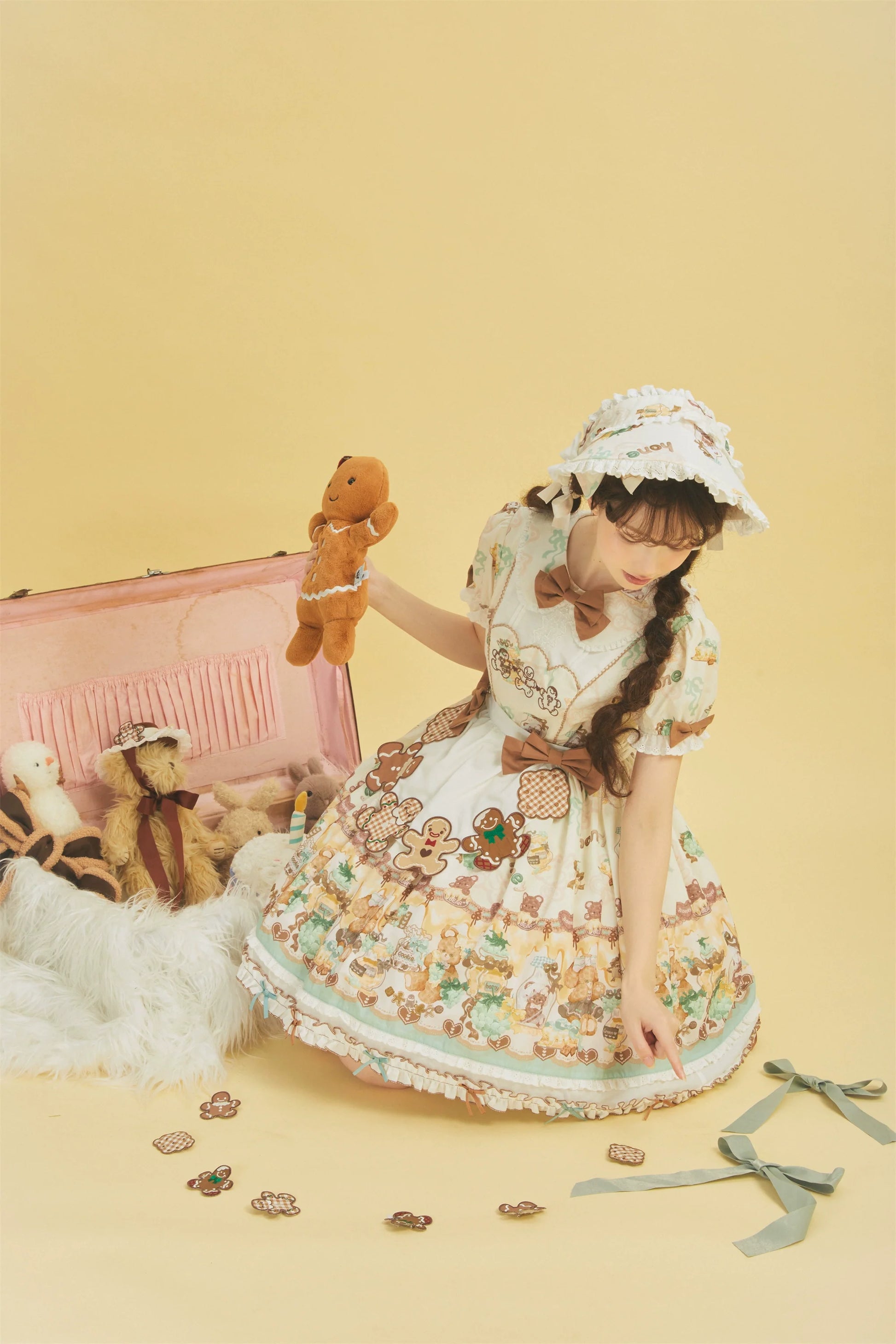 Babyblue - Little Bear Honey Jar - Kawaii Lolita Short Sleeve OP Gingerbread Man Embroidered Dress