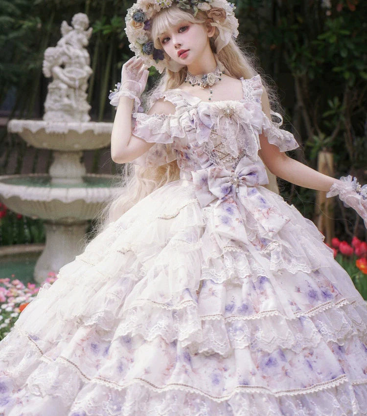 Cat Fairy - Rose Letter - Gorgeous Lolita JSK Princess Dress Chiffon Floral Printed Blue Dress
