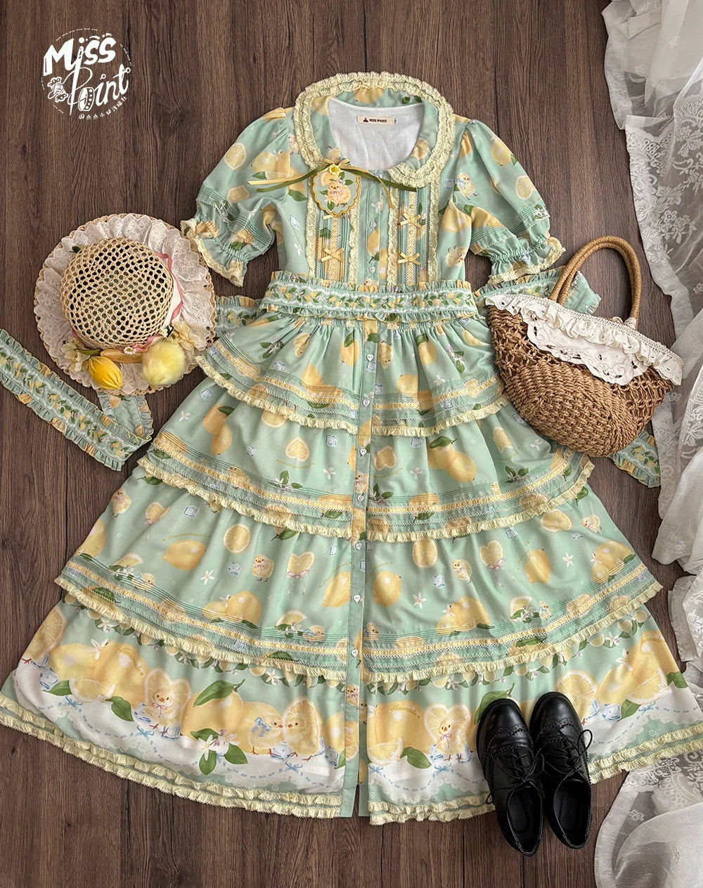 Miss Point - Lemon Chick - Country Lolita Printed OP With Button Front