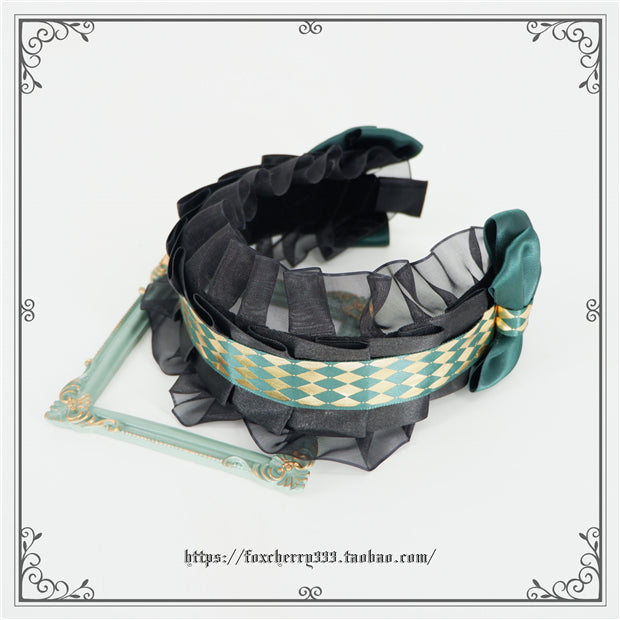 Fox Cherry - Green Lattice Rabbit Ear Bow Lolita Hat Headdress