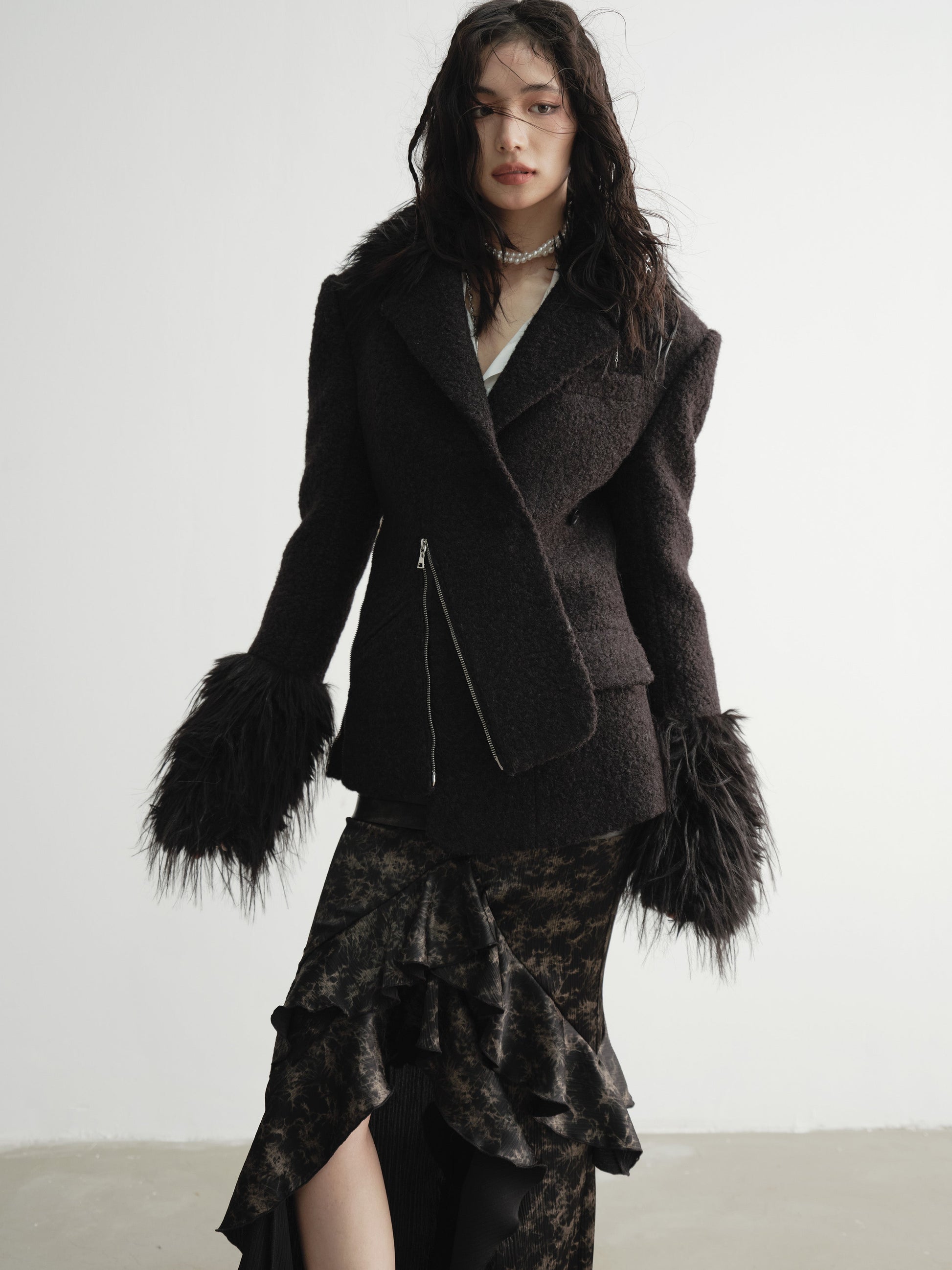 Imitation Fur Patchwork Oblique Placket Coat