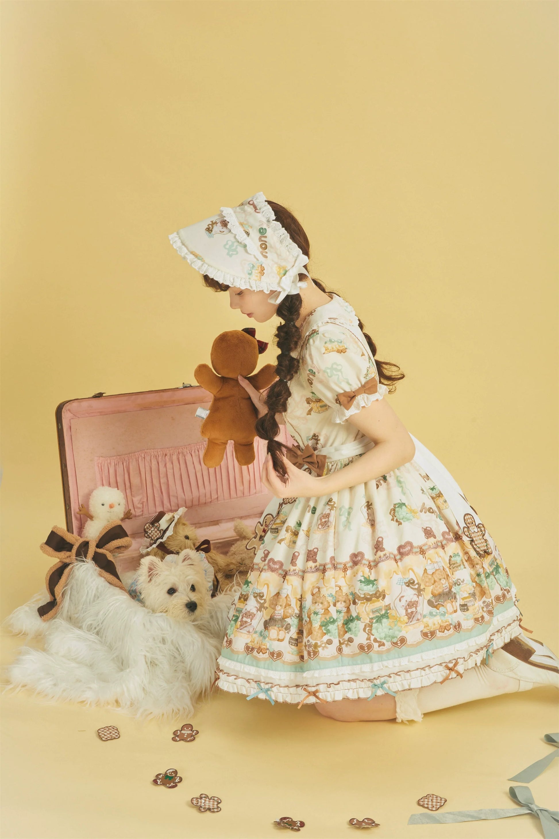 Babyblue - Little Bear Honey Jar - Kawaii Lolita Short Sleeve OP Gingerbread Man Embroidered Dress