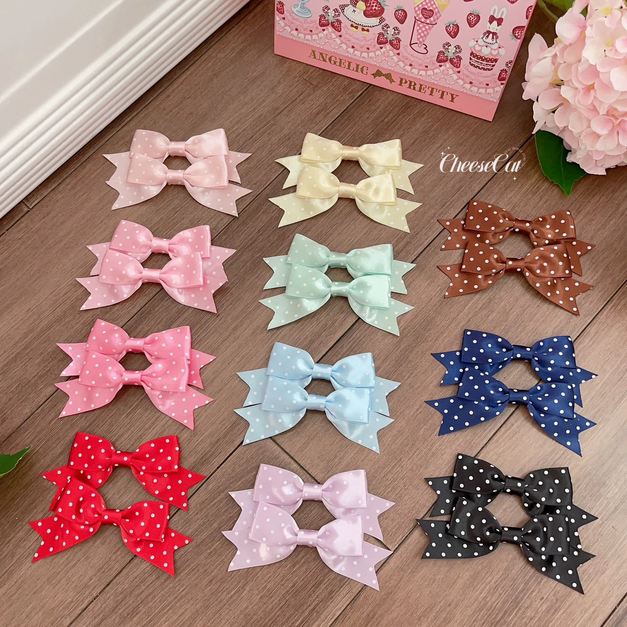 Cheese Cat - Kawaii Lolita Hair Clip Polka Dot Ribbon Bow Clips