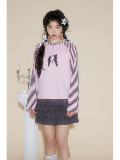 Pink striped print T-shirt【s0000001548】