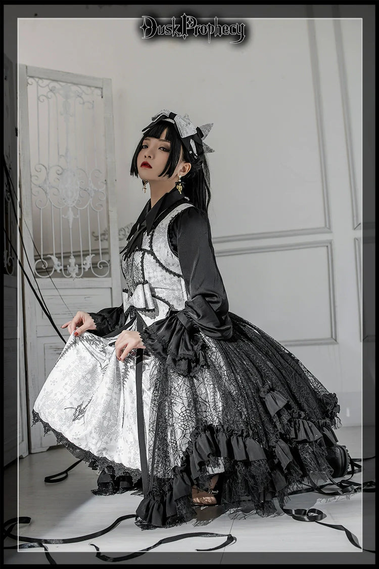 DuskProphecy - Coccyx - Elegant Lolita Dress High Waist Fishbone Print JSK Set