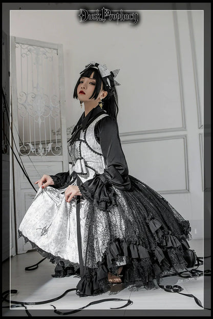 DuskProphecy - Coccyx - Elegant Lolita Dress High Waist Fishbone Print JSK Set
