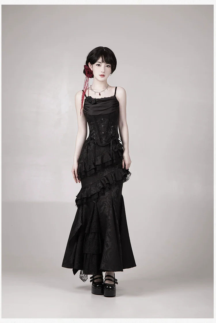 With PUJI - Letter and Poetry ﾂｷ Twilight - Black Gothic Lolita Skirt Set, Witch-Inspired