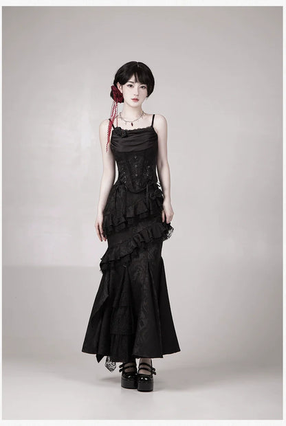 With PUJI - Letter and Poetry ﾂｷ Twilight - Black Gothic Lolita Skirt Set, Witch-Inspired