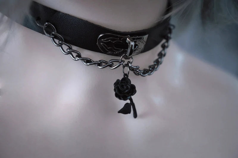 Strange Sugar - Gothic Lolita Choker Faux Leather Rose Pendant Necklace