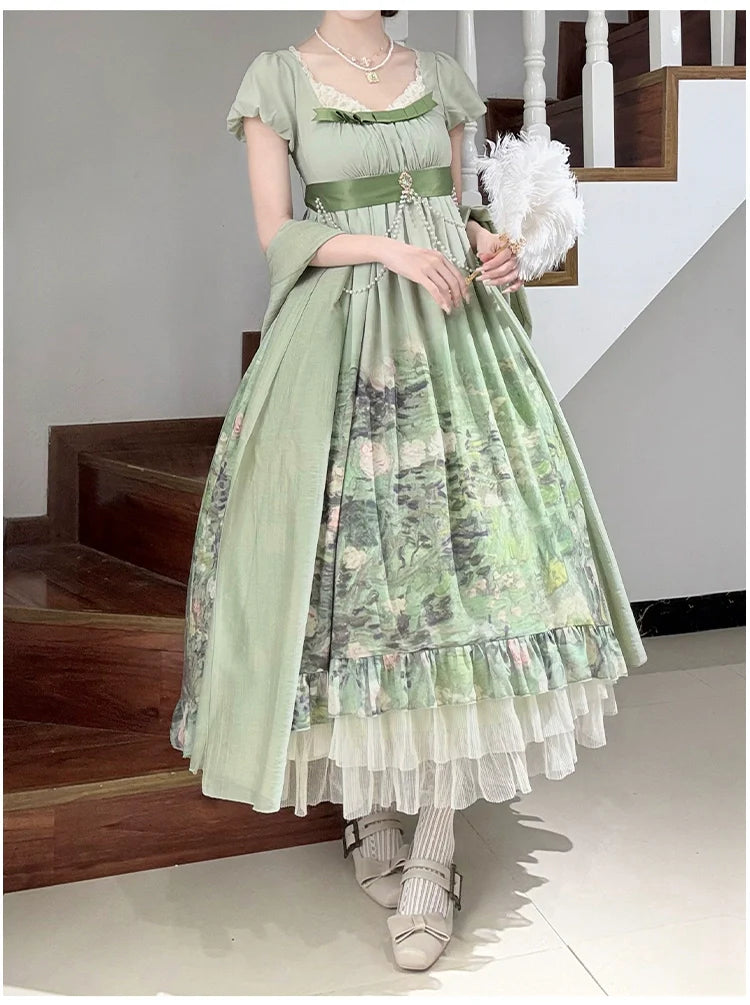 With PUJI - Blooming Rose - Chiffon Classic Lolita Dress Set Painting Styled OP & JSK
