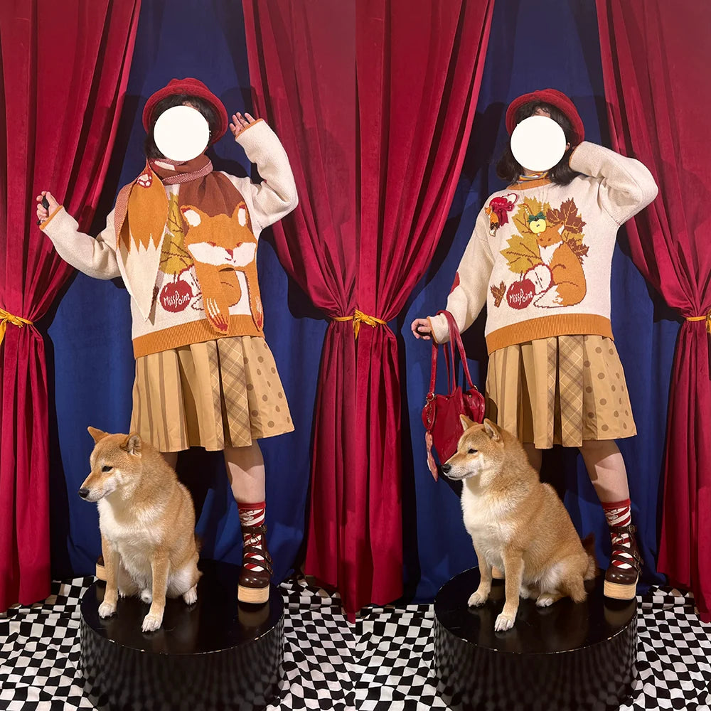 Miss Point - Chubby Fox in the Forest - Kawaii Lolita Sweater Customized Winter Lolita Couple Outfit