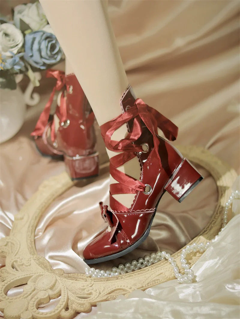 MR.Qiutian - Muse Kiss - Elegant Lolita Shoes Lace-up Bow Heels Round Toe