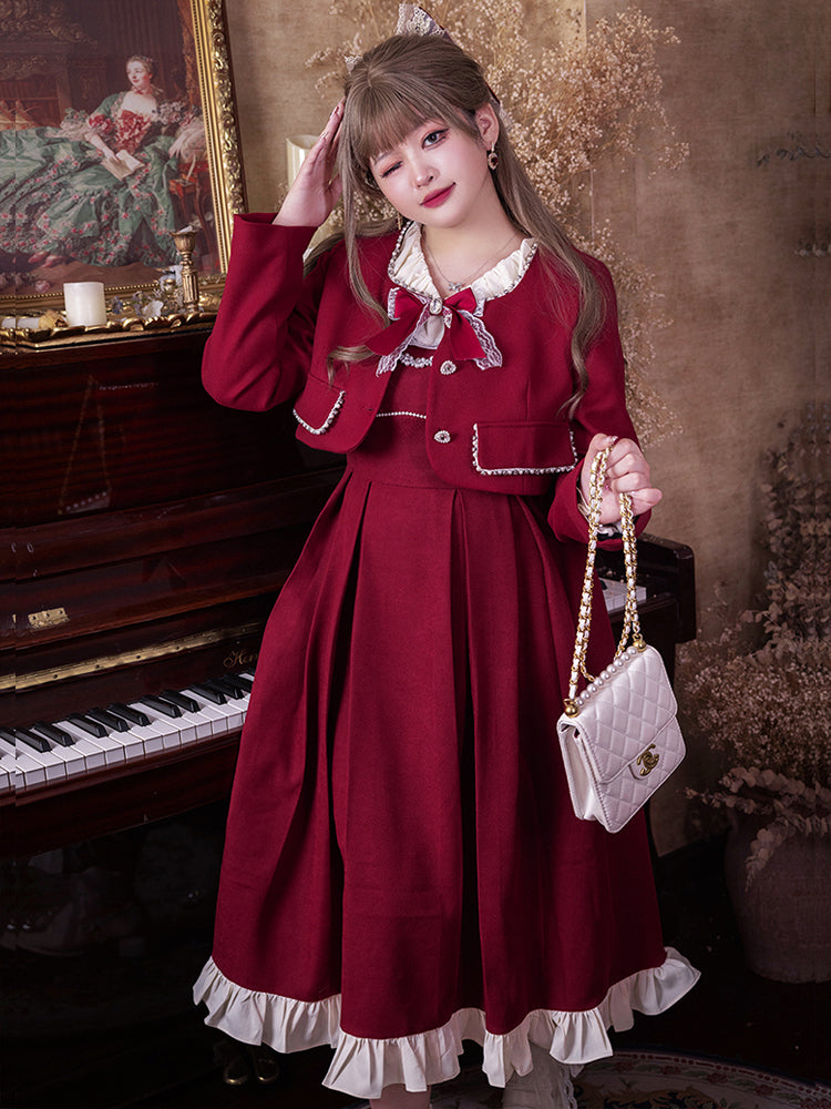 Yingtang - Plus Size Lolita French Retro Dress Set