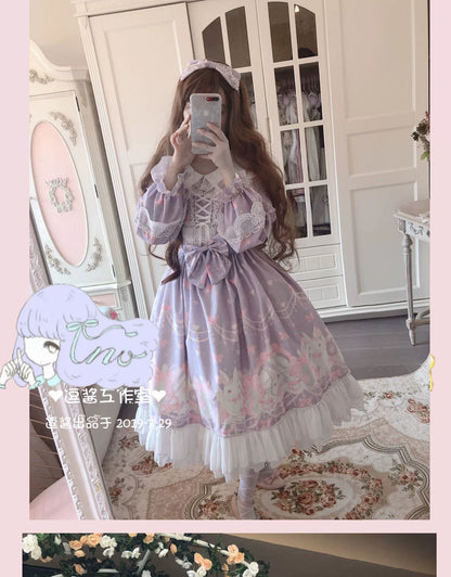 Doujiang - Kawaii Lolita OP Rabbit Print Pink Purple Lace Princess Dress
