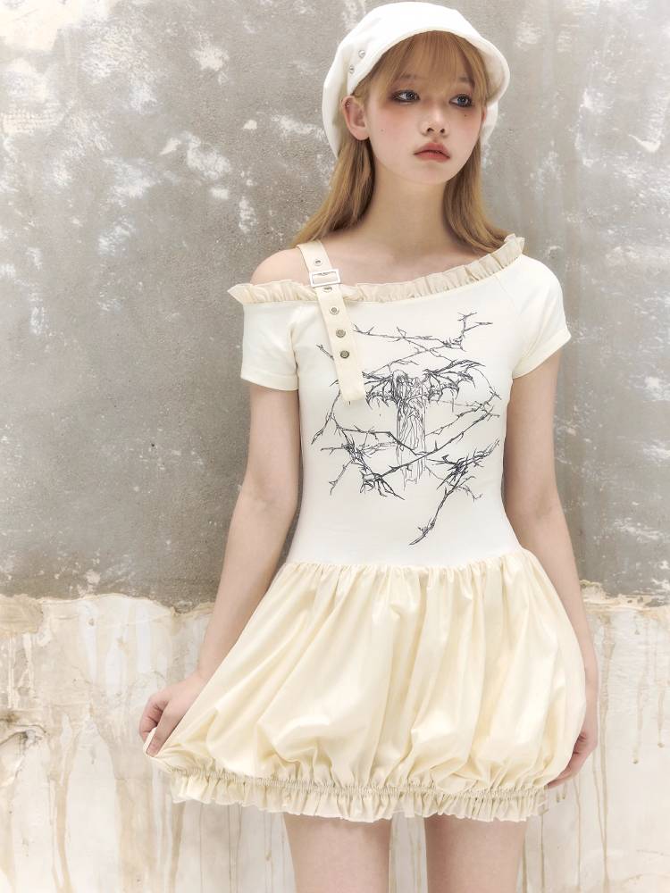 Printed off-the-shoulder dress【s0000009338】