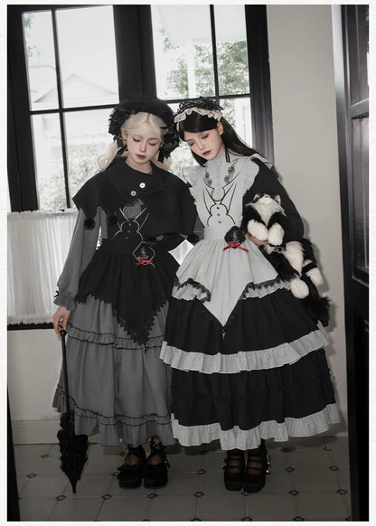 With PUJI - Castle Night - Gothic Twins Lolita OP Three-tiered Embroidery Dress