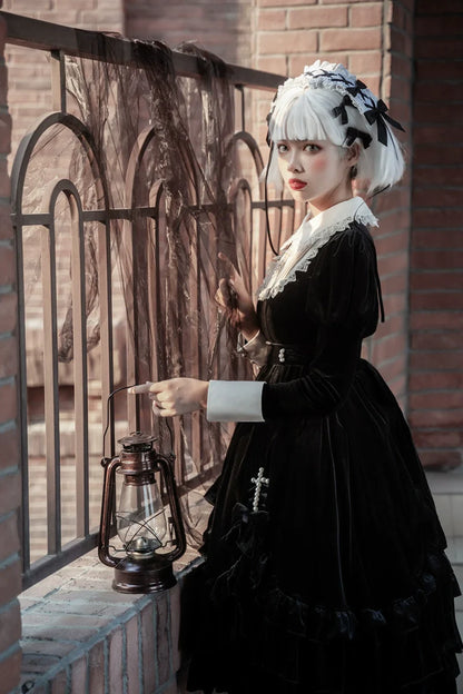 Your Princess - Gothic Lolita Velvet Maid OP Dress, Pearl Cross Accents