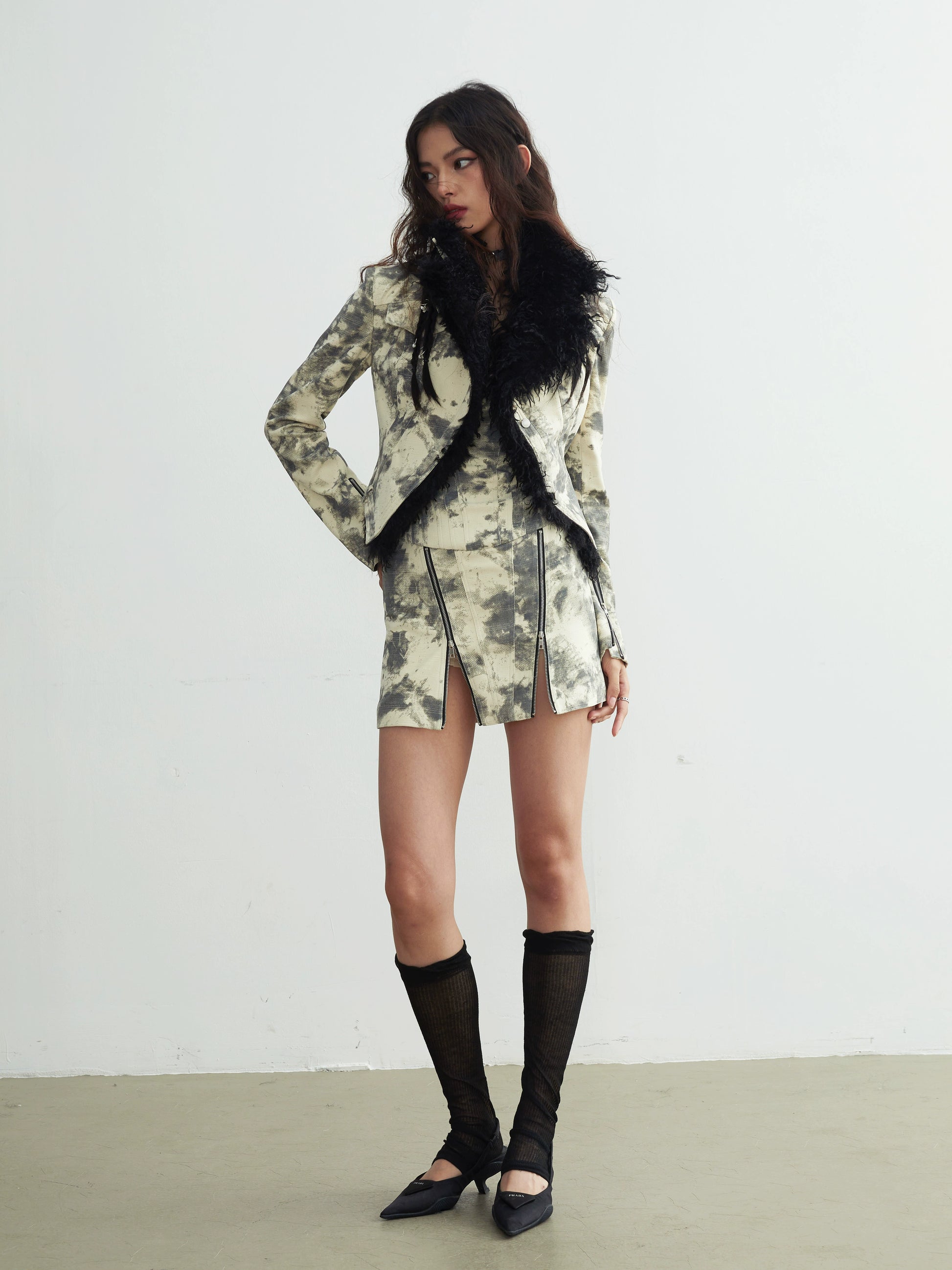 Fur Collar Tie-dye Printed Short Coat