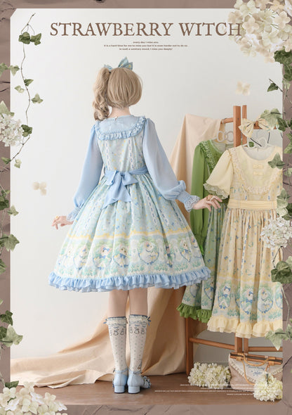Strawberry Witch - Lily of the Valley Kitten - Country Lolita OP with Embroidery and Cat Print