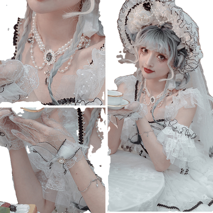 Cat Fairy - Dark Starry Night - Wedding Lolita Bonnet Bridal Mesh Gloves and Necklace
