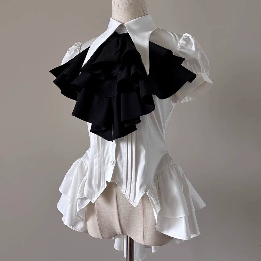 FlowerFairyDaily - Midnight Prayer - Solid Lolita Shirt with Flowing Tiered Back Hem