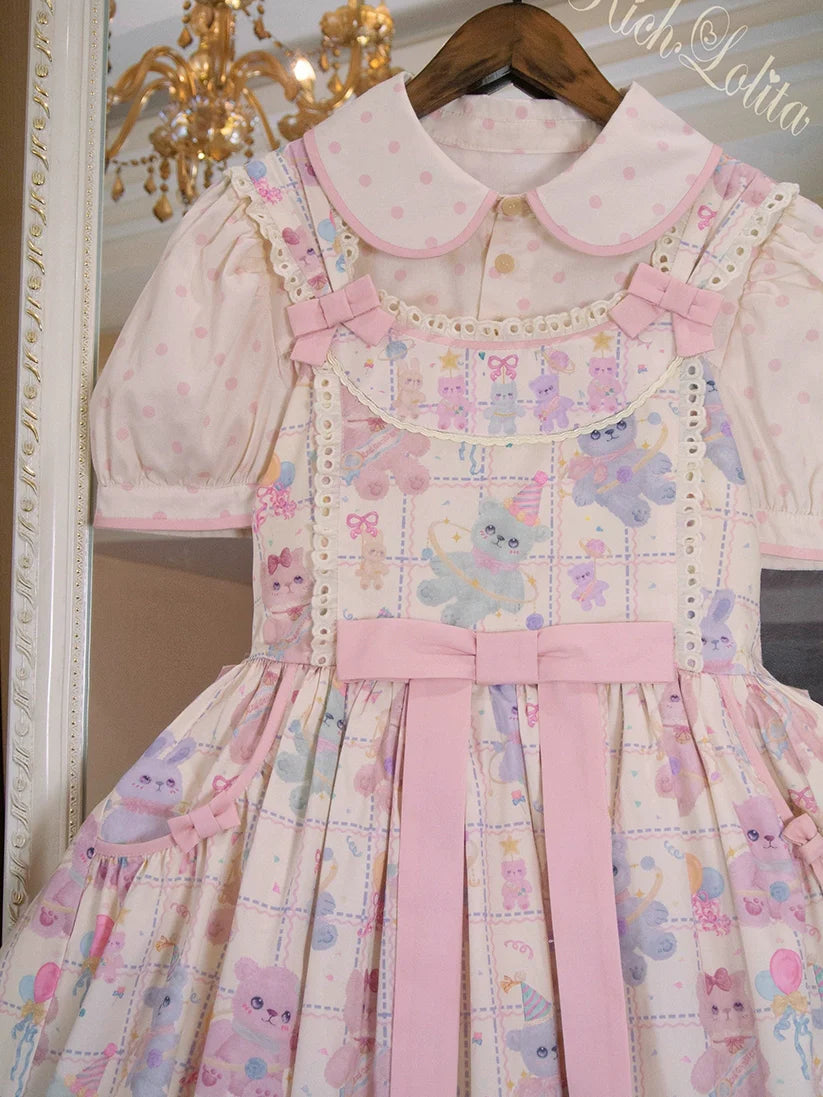 RichLolita - Starry Pudding Bear - Sweet Lolita Jumper Dress Printed OP Dress
