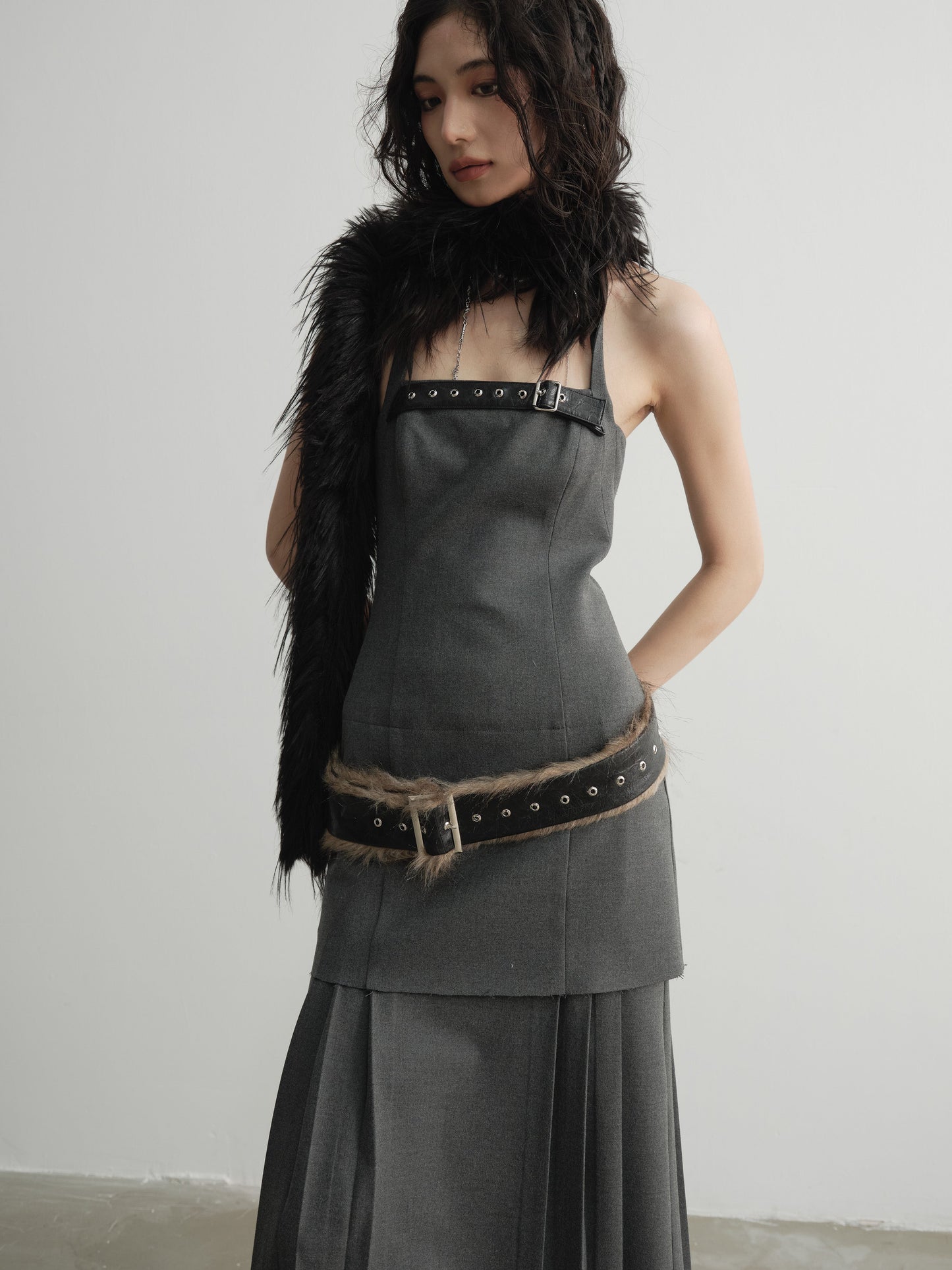 Fur Splicing Belt Low Waist Halter Neck Pleated Slit Dress