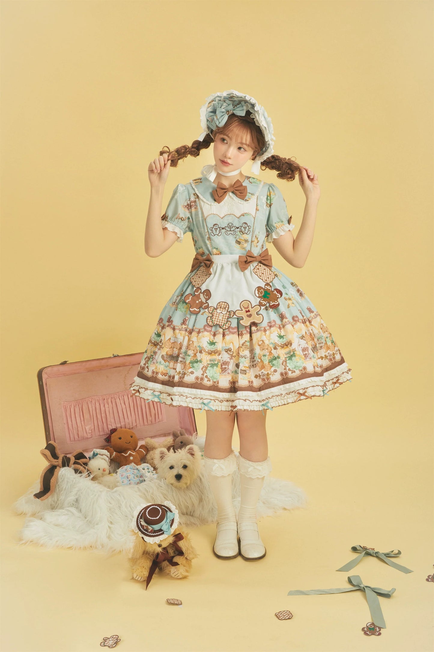 Babyblue - Little Bear Honey Jar - Kawaii Lolita Short Sleeve OP Gingerbread Man Embroidered Dress