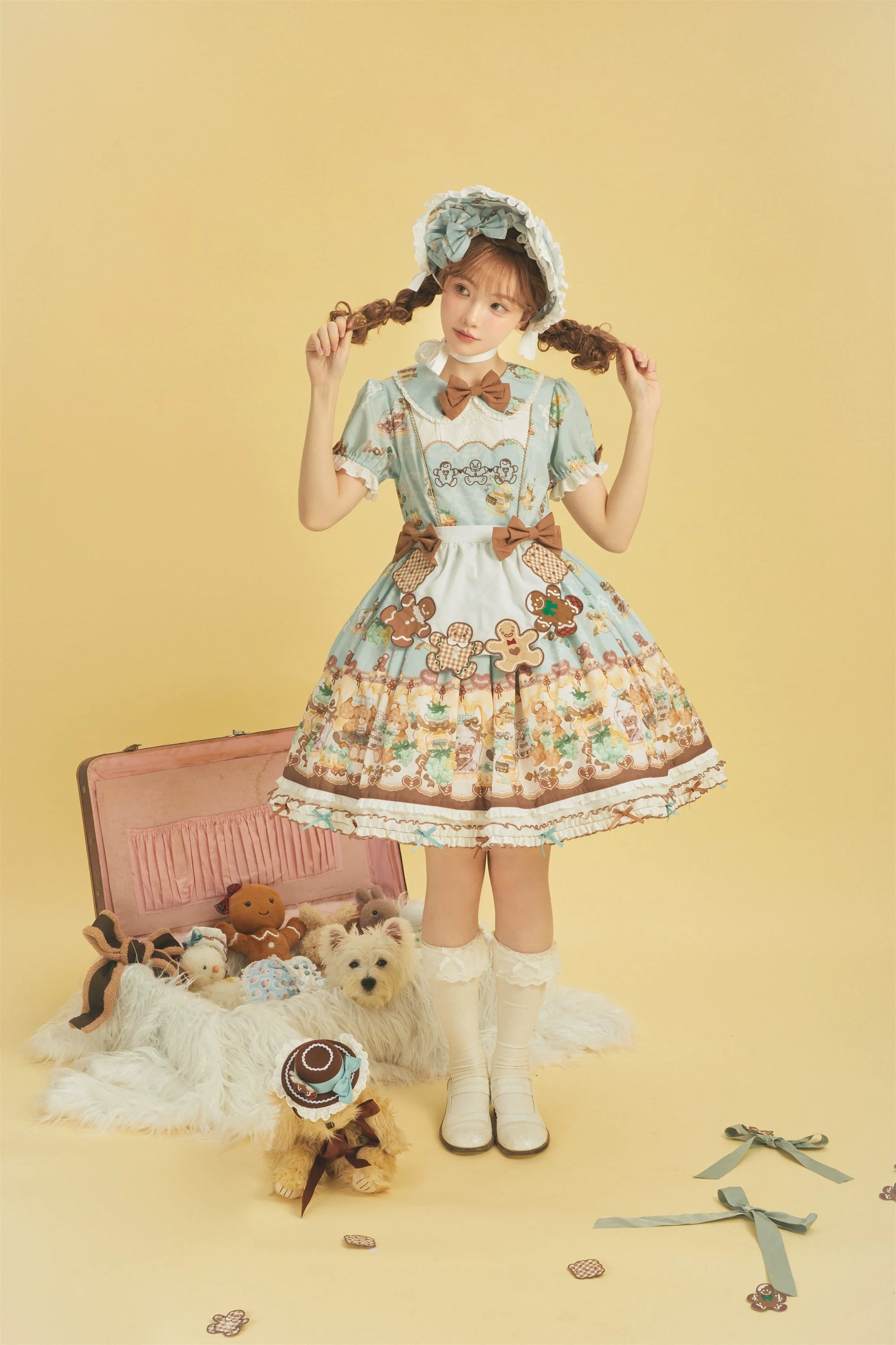 Babyblue - Little Bear Honey Jar - Kawaii Lolita Short Sleeve OP Gingerbread Man Embroidered Dress