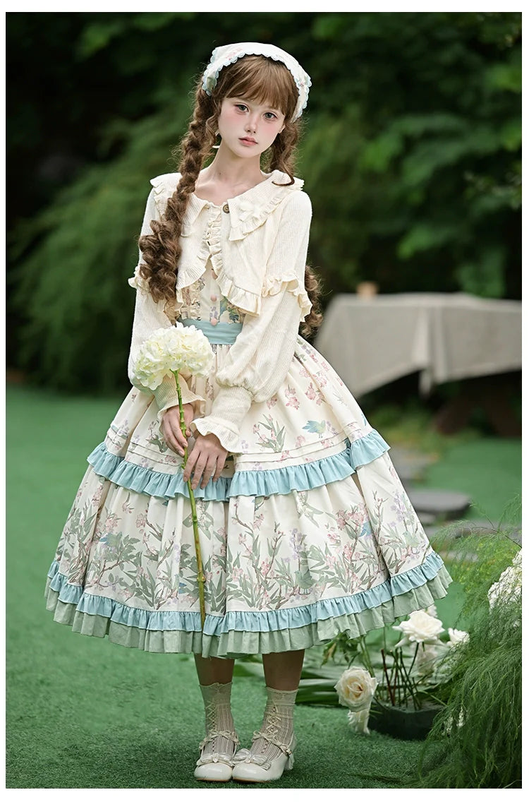 With PUJI - Oriole Time - Country Lolita JSK and OP Dress, Floral and Bird Print
