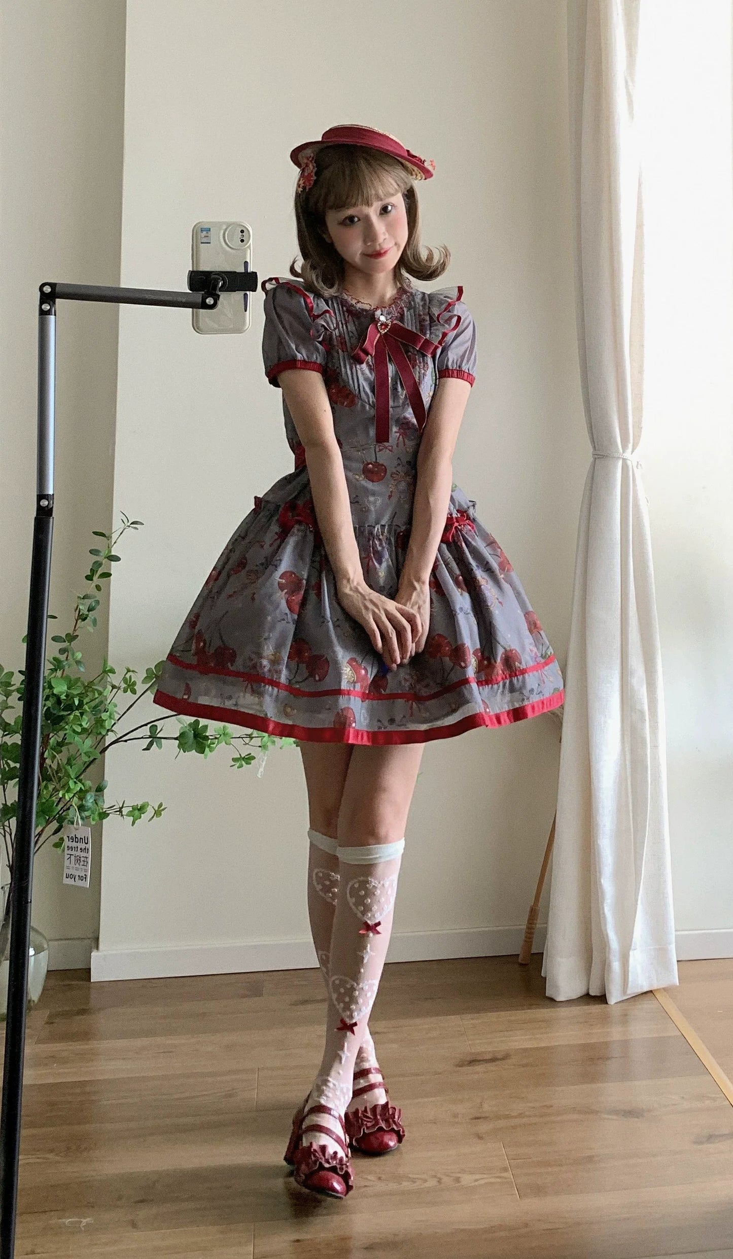 Gloaming - Sweet Lolita Cherry print Short Sleeve OP and SK Set