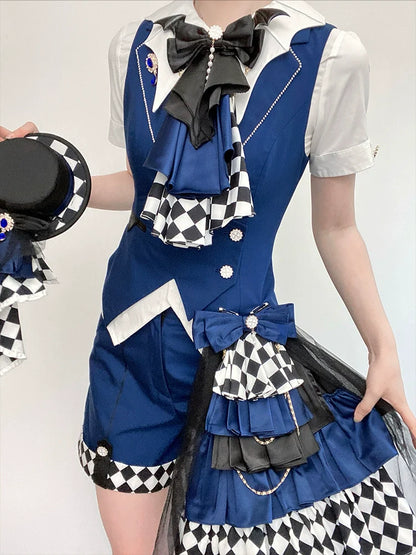Forest Fluorescent Carps - The Judge's Game - Dark Blue Ouji Lolita Tailored Vest, Shorts Outfit
