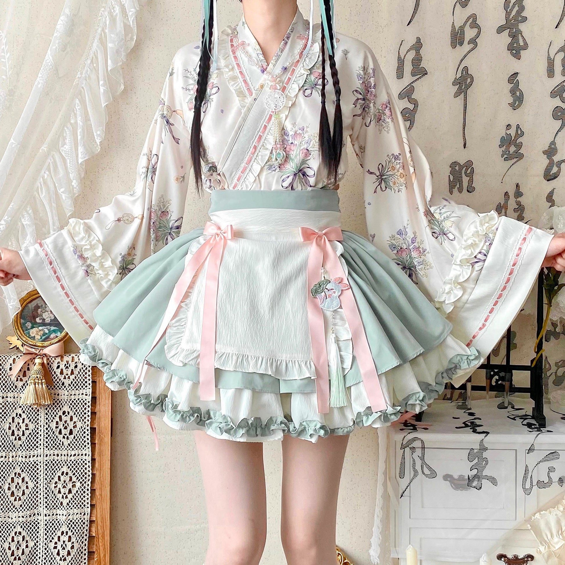Qianmu - Little Herbalist - Han Lolita Skirt Outfit with Cross-collar Blouse and Apron