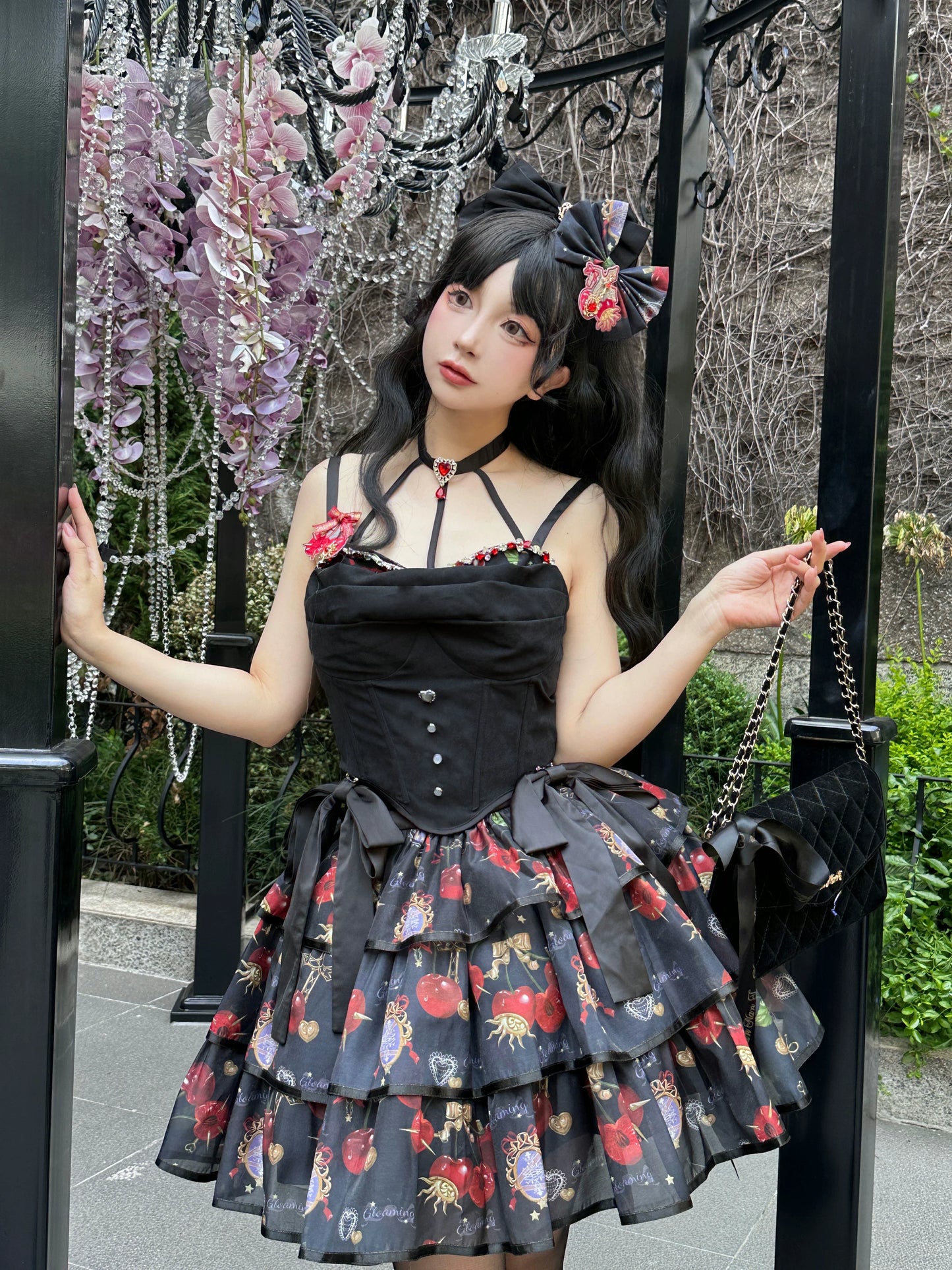 Gloaming - Sweet Lolita Cherry print Short Sleeve OP and SK Set