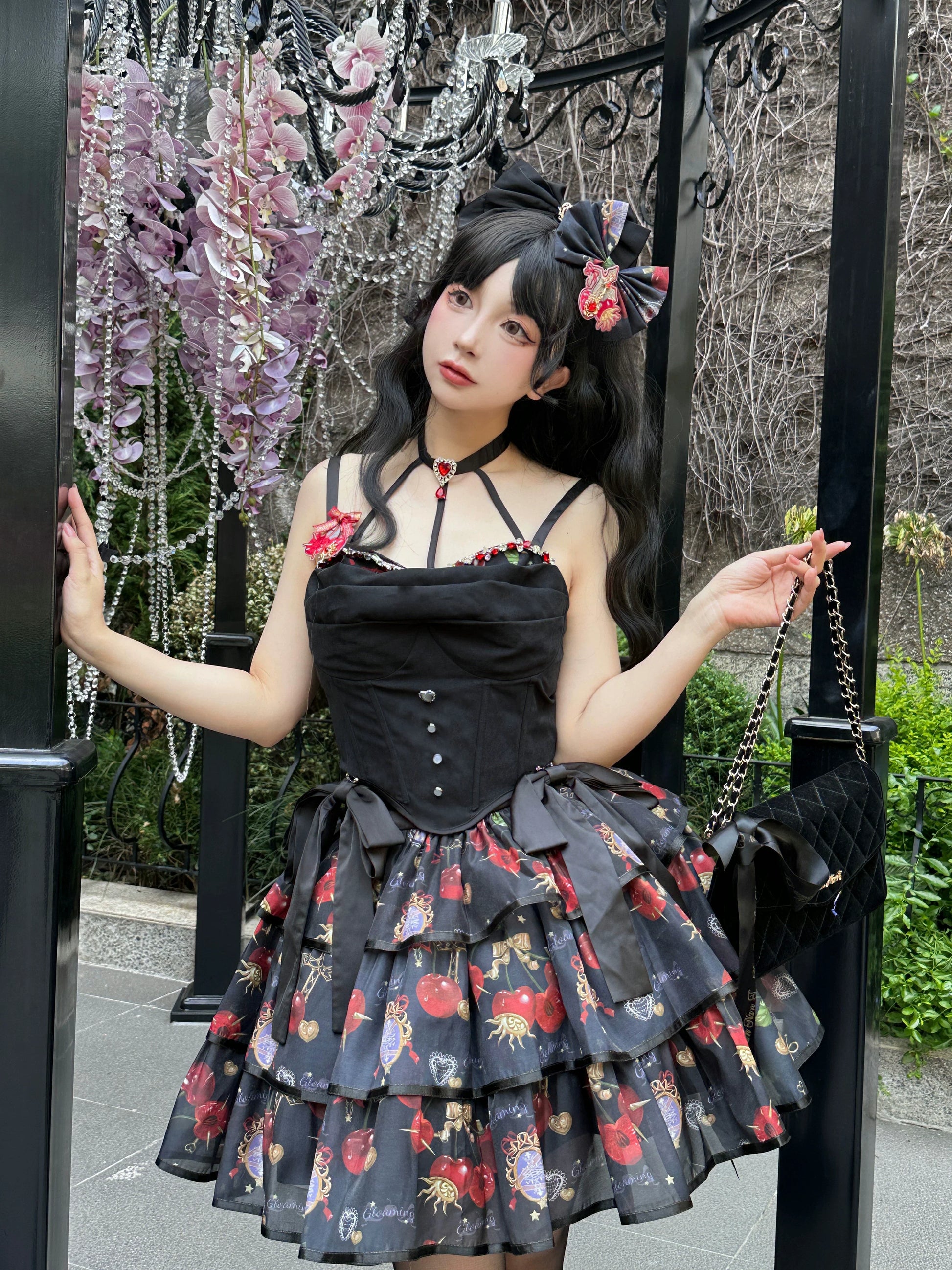 Gloaming - Sweet Lolita Cherry print Short Sleeve OP and SK Set