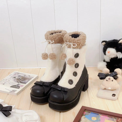 Dolly Doll - Winter Lolita Boots Fur Mary Jane Lolita Low Heel Shoes