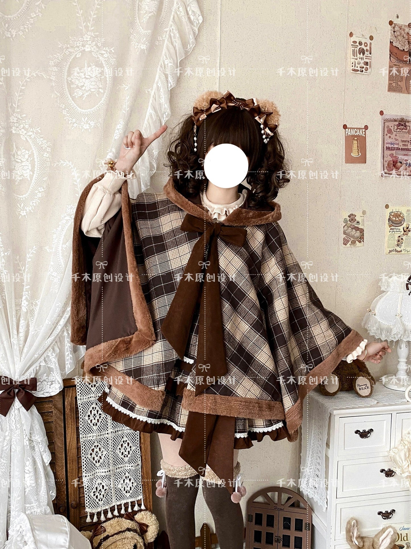 Qianmu - Waffle - Kawaii Lolita Cape Daily Lolita Plaid Hoodie Cloak
