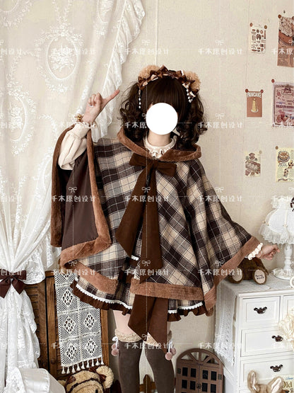 Qianmu - Waffle - Kawaii Lolita Cape Daily Lolita Plaid Hoodie Cloak