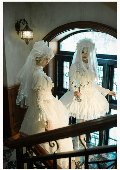 With PUJI - Fallen Heaven - White Gothic Lolita OP Set, Double Layered Skirt