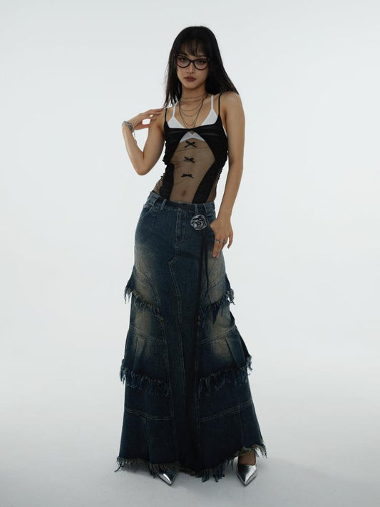 Washed Tassel Raw Edges Super Long Denim Skirt