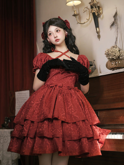 Eieyom - Elegant Lolita Short Sleeve Red Dress