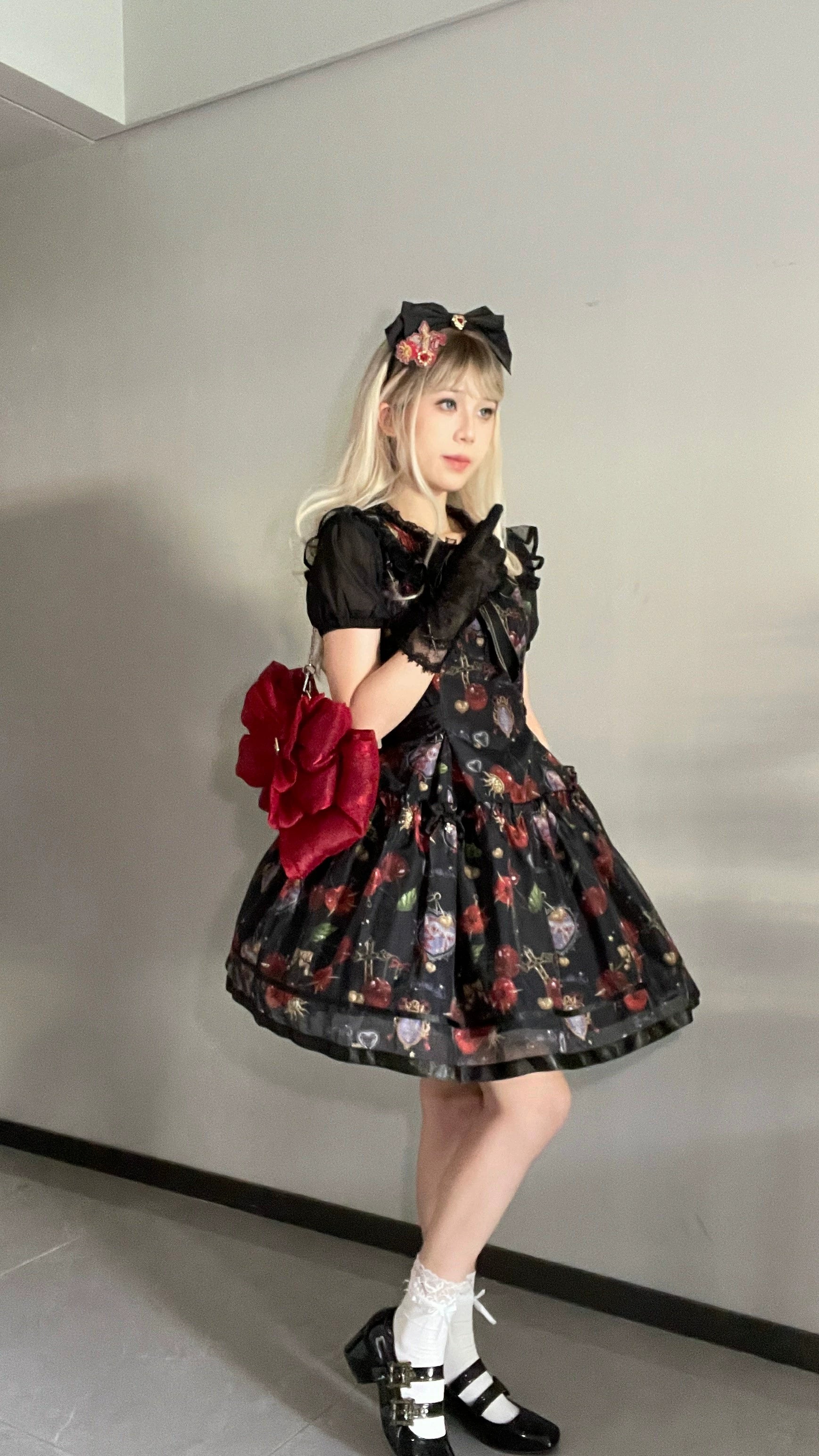 Gloaming - Sweet Lolita Cherry print Short Sleeve OP and SK Set