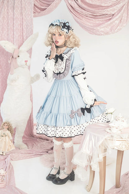 Vcastle - Sweet Lolita OP Dress Splicing Sleeve Apron Dot Print Dress