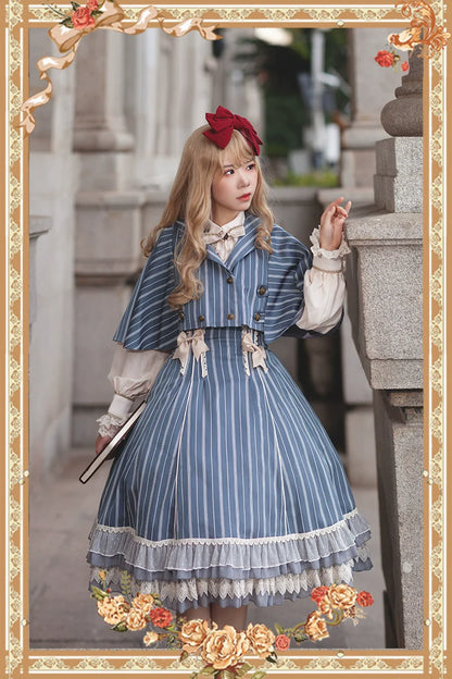 Infanta - Elegant Lolita Stripe High-waist Jumper Dress Set and Cape